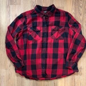 Eddie Bauer Women's Red and Black Plaid Button-Down Shirt